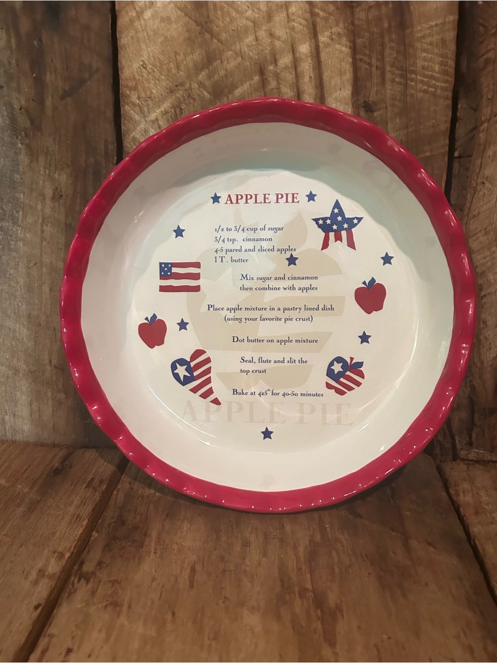 Patriotic Red Ceramic Apple Pie Recipe Pie Plate
